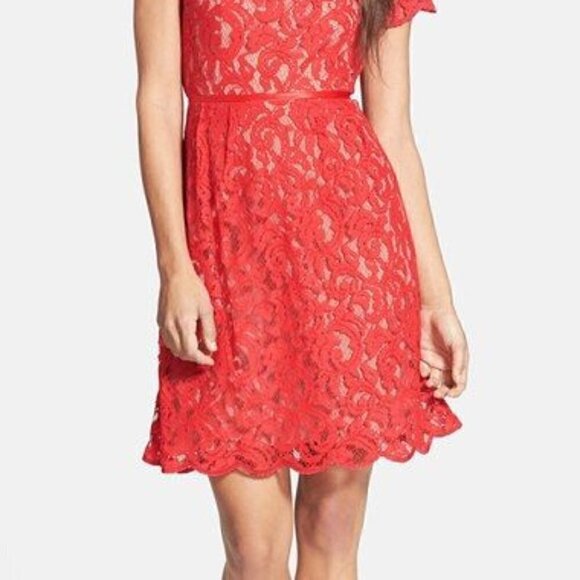 Adrianna Papell Coral Red ScallopedLace Dress Size 4 - Picture 2 of 9
